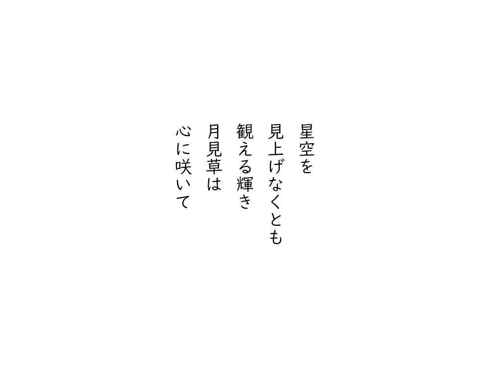 岩崎航の五行詩のテキスト画像。星空を、見上げなくとも、観える輝き、月見草は、心に咲いて。