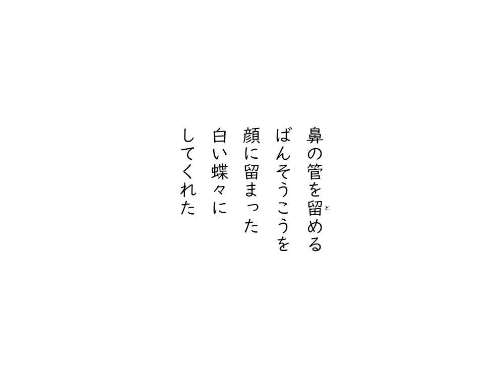 岩崎航の五行詩のテキスト画像。鼻のくだをとめる、ばんそうこうを、顔に留まった、白い蝶々に、してくれた。