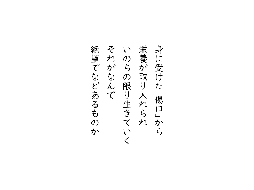 岩崎航の五行詩のテキスト画像。身に受けた｢傷口｣から、栄養が取り入れられ、いのちの限り生きていく、それがなんで、絶望でなどあるものか。