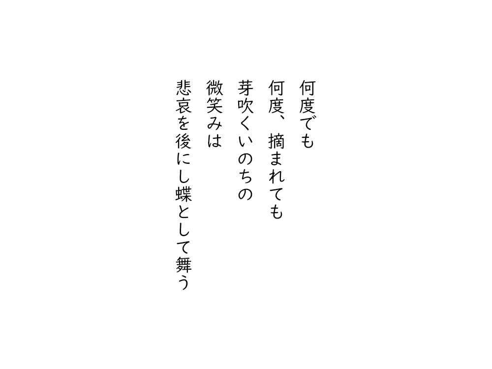 岩崎航の五行詩のテキスト画像。何度でも、何度、摘まれても、芽吹くいのちの、微笑みは、悲哀を後にし蝶として舞う。
