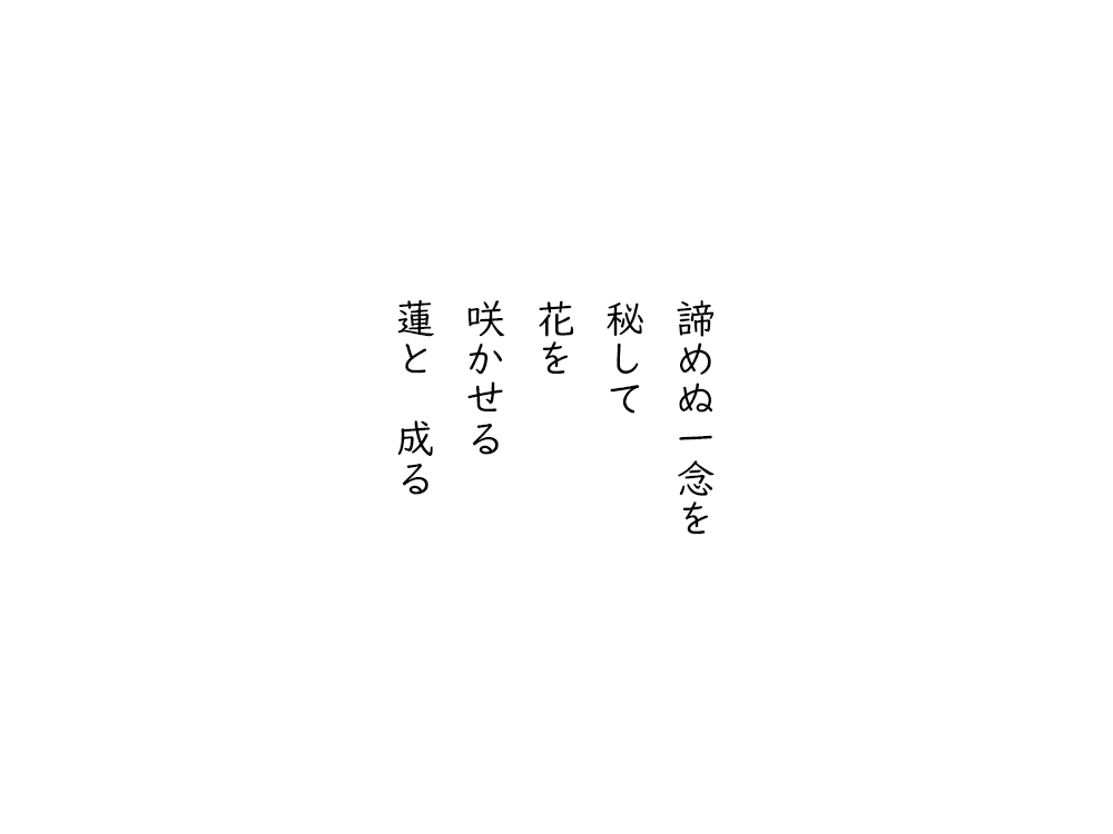 岩崎航の五行詩のテキスト画像。諦めぬ一念を、秘して、花を、咲かせる、蓮と成る。