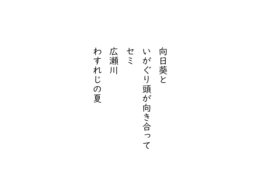 岩崎航の五行詩のテキスト画像。ひまわりと、いがぐり頭が向き合って、セミ、広瀬川、わすれじの夏。