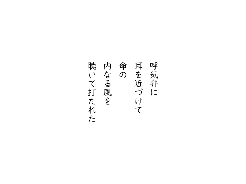 岩崎航の五行詩のテキスト画像。呼気弁に、耳を近づけて、命の、内なる風を、聴いて打たれた。