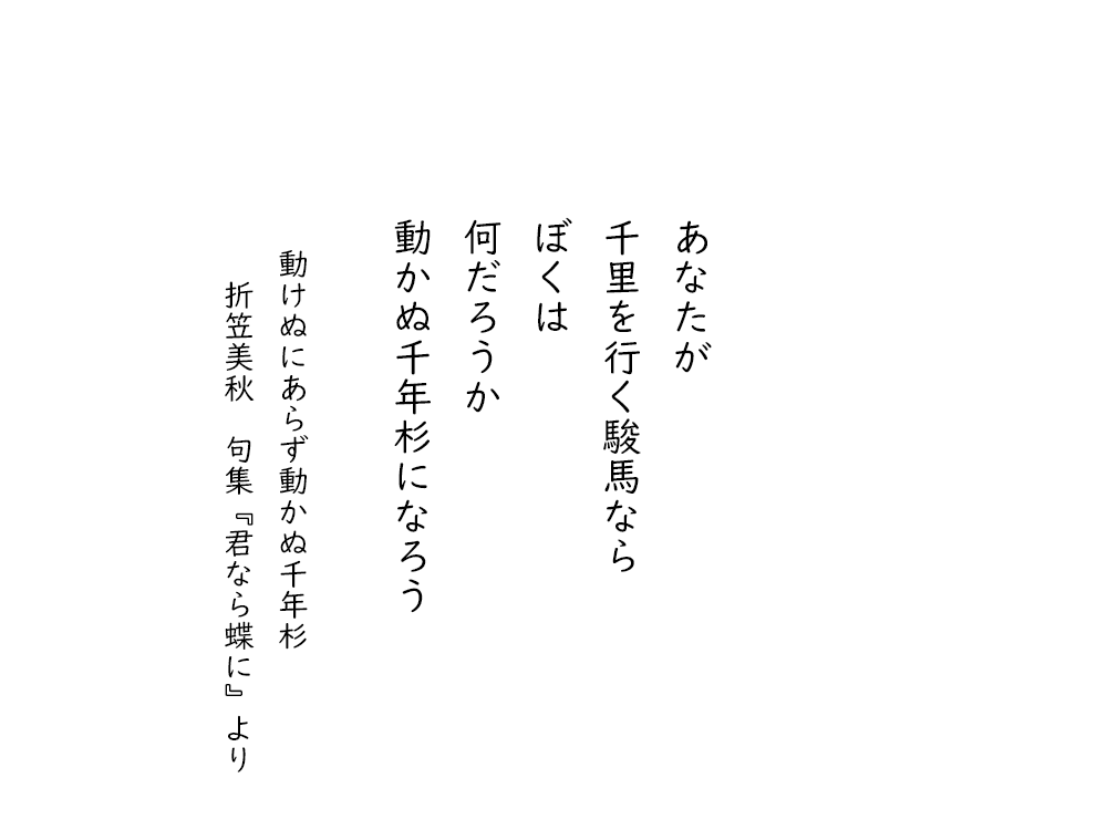 岩崎航の五行詩のテキスト画像。あなたが、千里を行く駿馬なら、ぼくは、何だろうか、動かぬ千年杉になろう。動けぬにあらず動かぬ千年杉。（詞書・引用）折笠美秋、句集『君なら蝶に』より。